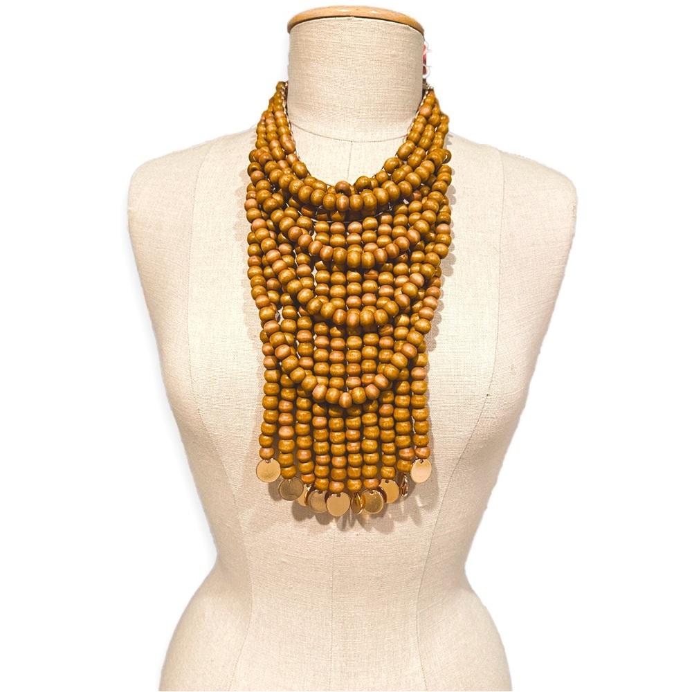 BOLD ARTISAN BIB | Handcrafted Tribal-Inspired Tiered Wood Bead Necklace | NEW - Picture 4 of 5